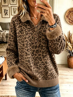 Women's Leopard Knit Faux Fur Trim Polo Sweater