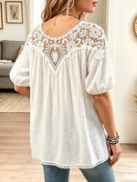 Vintage Elegant Cotton And Linen Patchwork Hollowed-out Lace Puff Sleeves Shirt