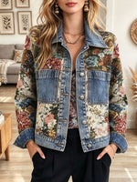 Women's Vintage Floral Print Denim Jacket with Button-Front and Pockets