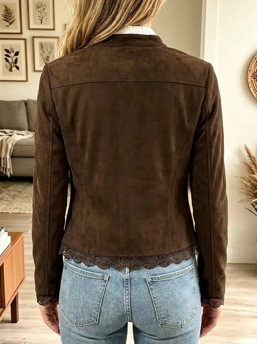 Women's Scalloped Lace Trim Faux Suede Blazer