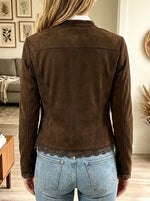 Women's Scalloped Lace Trim Faux Suede Blazer