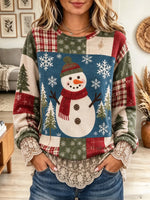 Women's Patchwork Snowman Graphic Print Lace Trim Top