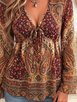 Retro Ethnic Floral Pattern Art Print Casual Stylish Long Sleeve Mesh V Collar Shirt