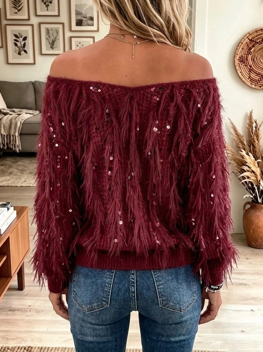 Women's Off-the-Shoulder Feather Sequin Knit Sweater