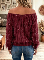 Women's Off-the-Shoulder Feather Sequin Knit Sweater