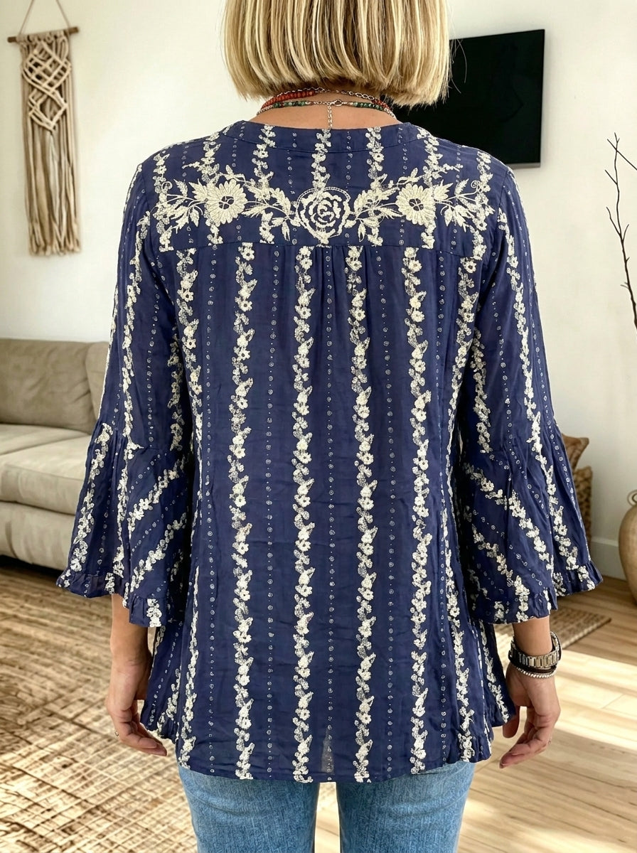 Women Boho Floral Print V‑Neck Ruffle Bell 3/4 Sleeve Blouse