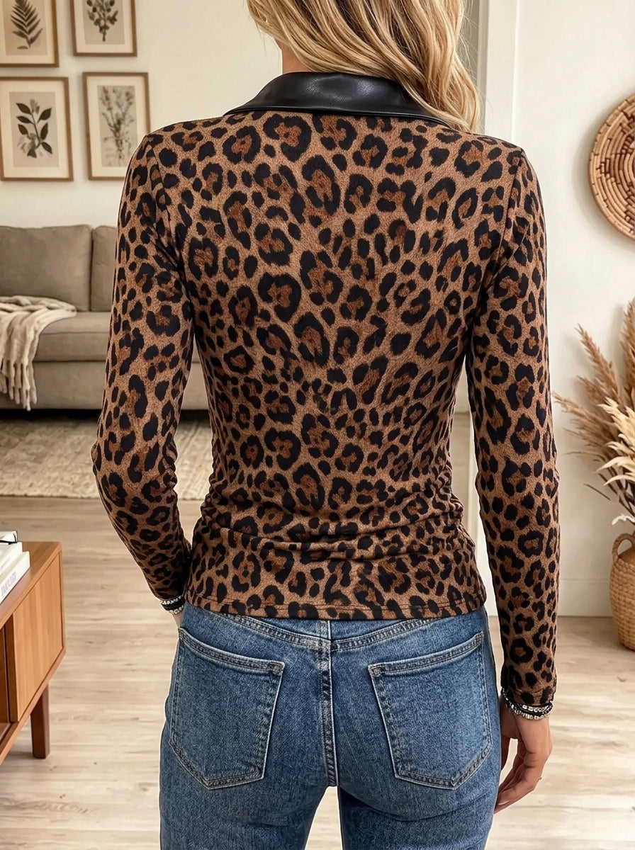 Women's Leopard Print Faux Leather Lapel Wrap Top