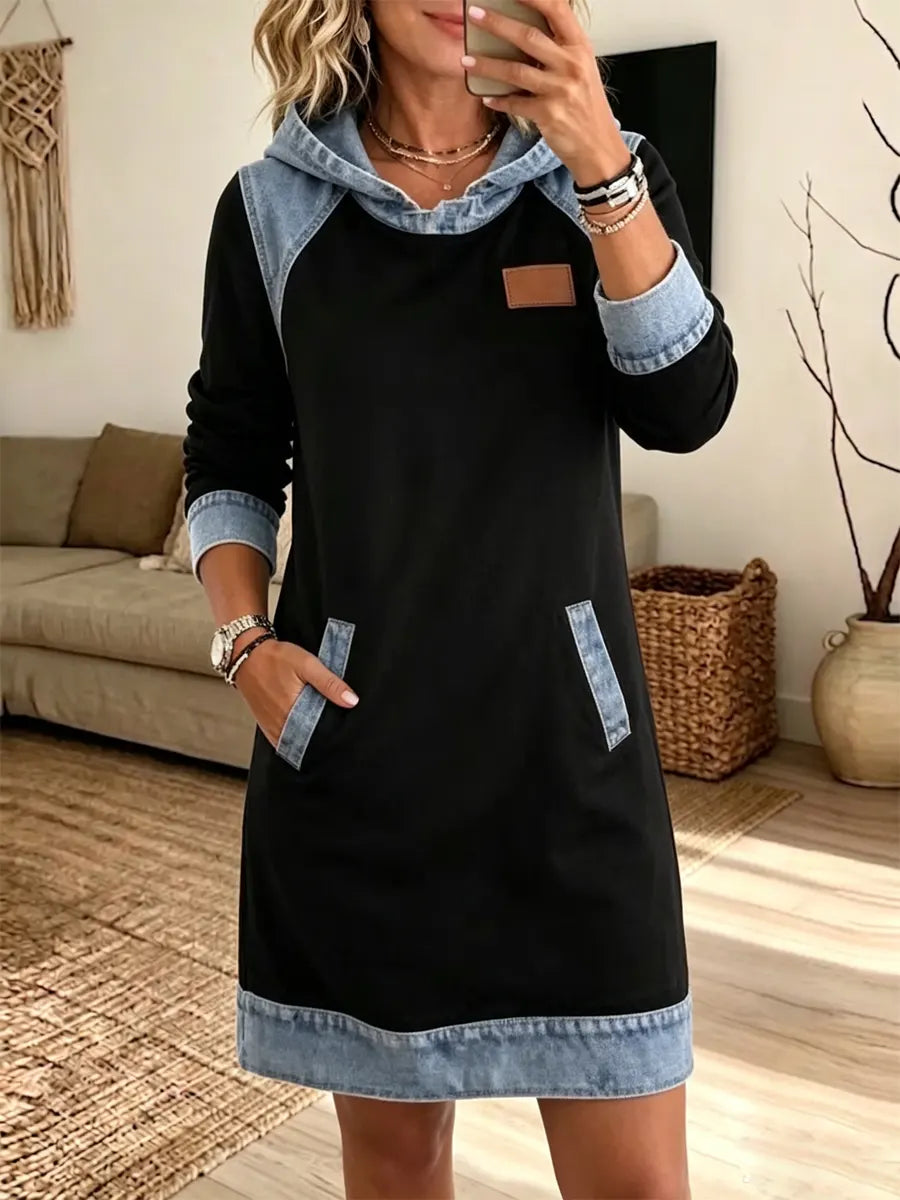 Retro Hooded Denim Patchwork Art Casual Stylish Long Sleeve Sweatshirt Dress