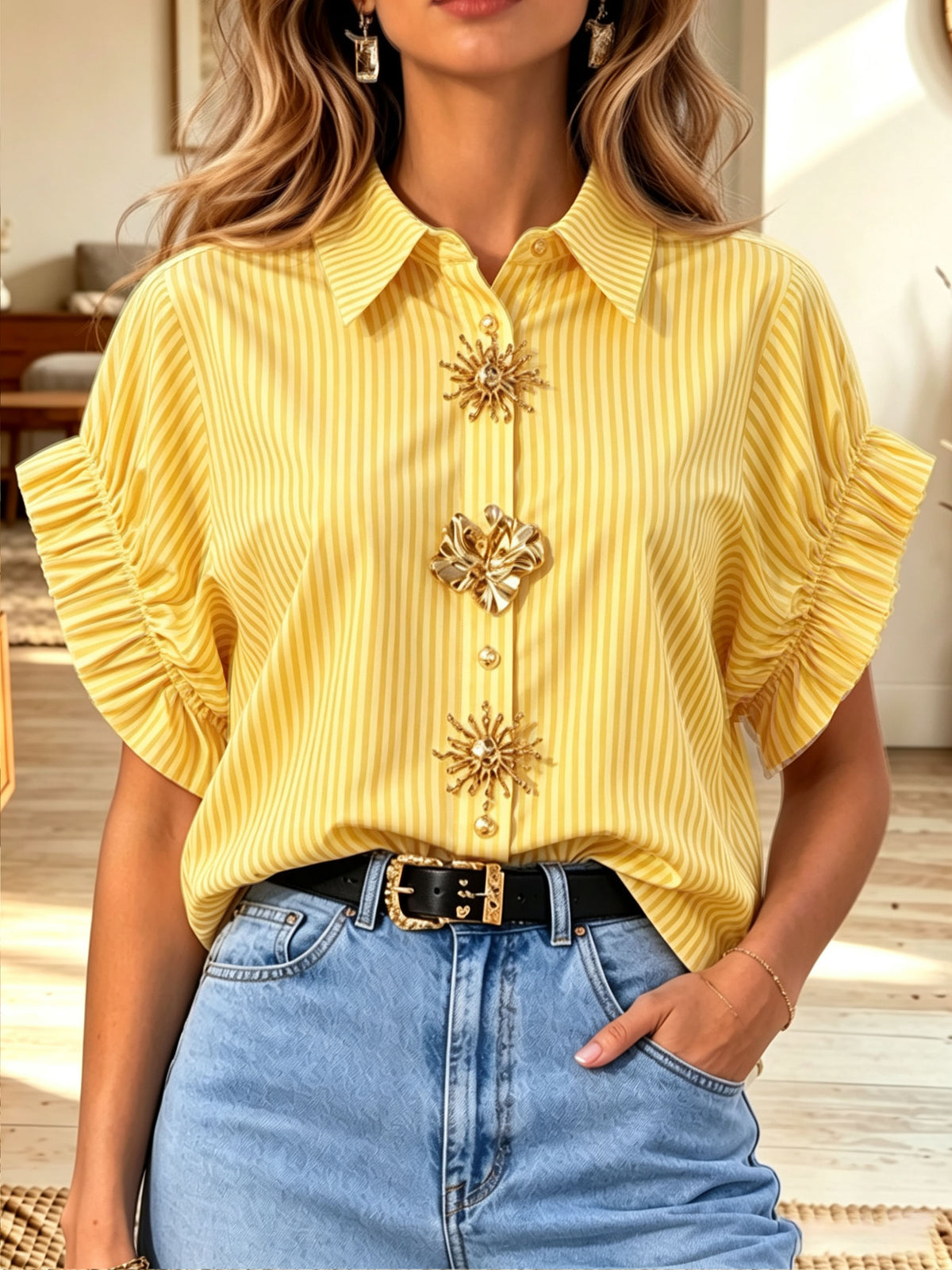 Women White Collared Ruffle Short Sleeve Decorative Gold Button Blouse