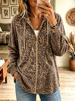 Women's Leopard Print Drawstring Full-Zip Hoodie