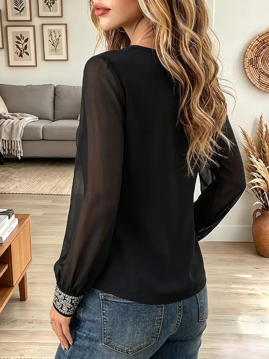 Vintage Elegant Patchwork Sheer Mesh Shirt