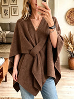Women's Front-Knot Draped V-Neck Woolen Poncho Wrap
