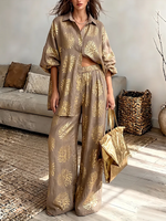 Vintage Elegant Shimmering Cotton-linen Shirt And Trousers Two-piece Set