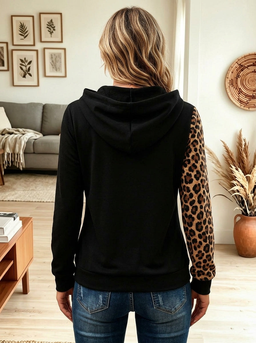 Women Leopard Patchwork Zip Detail Drawstring Hoodie