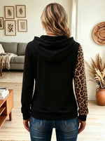 Women Leopard Patchwork Zip Detail Drawstring Hoodie