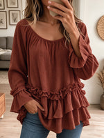 Women Off Shoulder Ruffled Tiered Long Flare Sleeve Casual Tunic Blouse