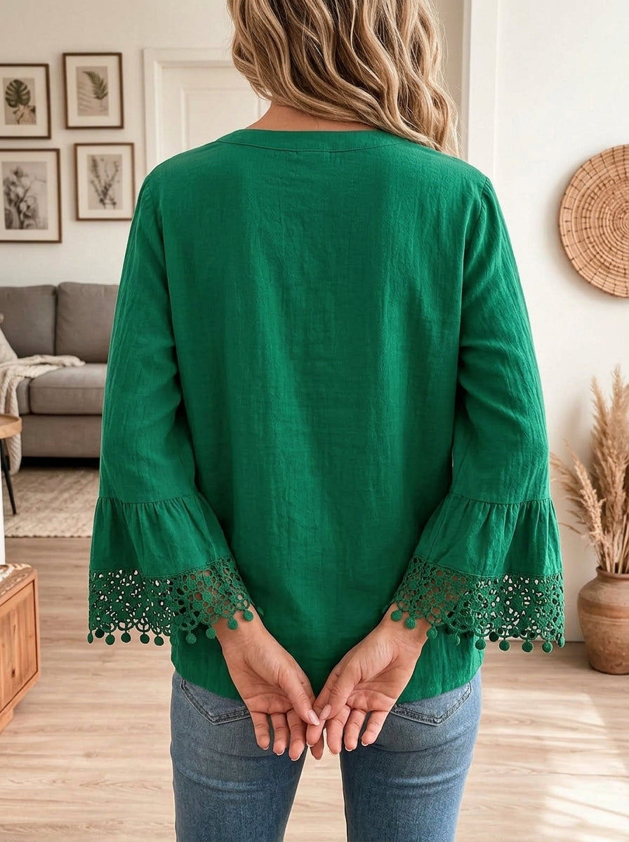 Women Collared V Neck 3/4 Bell Sleeve Blouse Crochet Lace Tassel Casual Tunic Tops