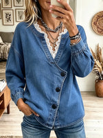 Women's Lace Trim Asymmetrical Button Denim Blouse