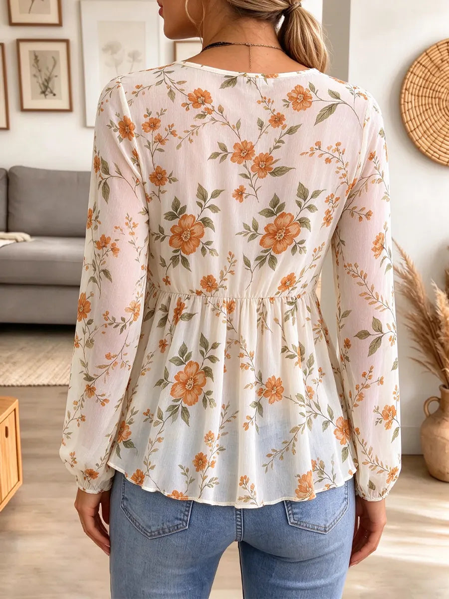 Retro Floral Pattern Art Print Casual Stylish Long Sleeve Mesh V Collar Shirt
