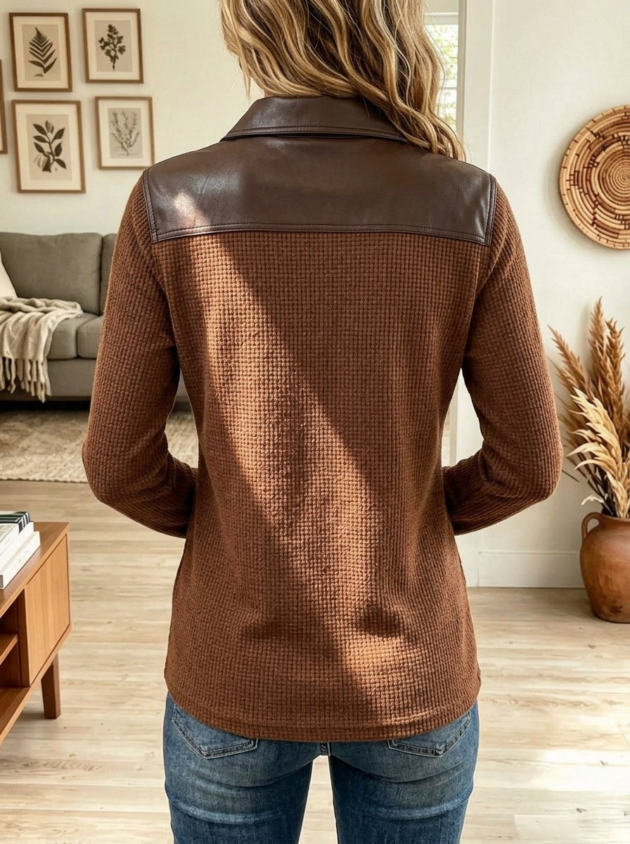 Women Western Faux Leather Patchwork Waffle Knit Half Zip Top