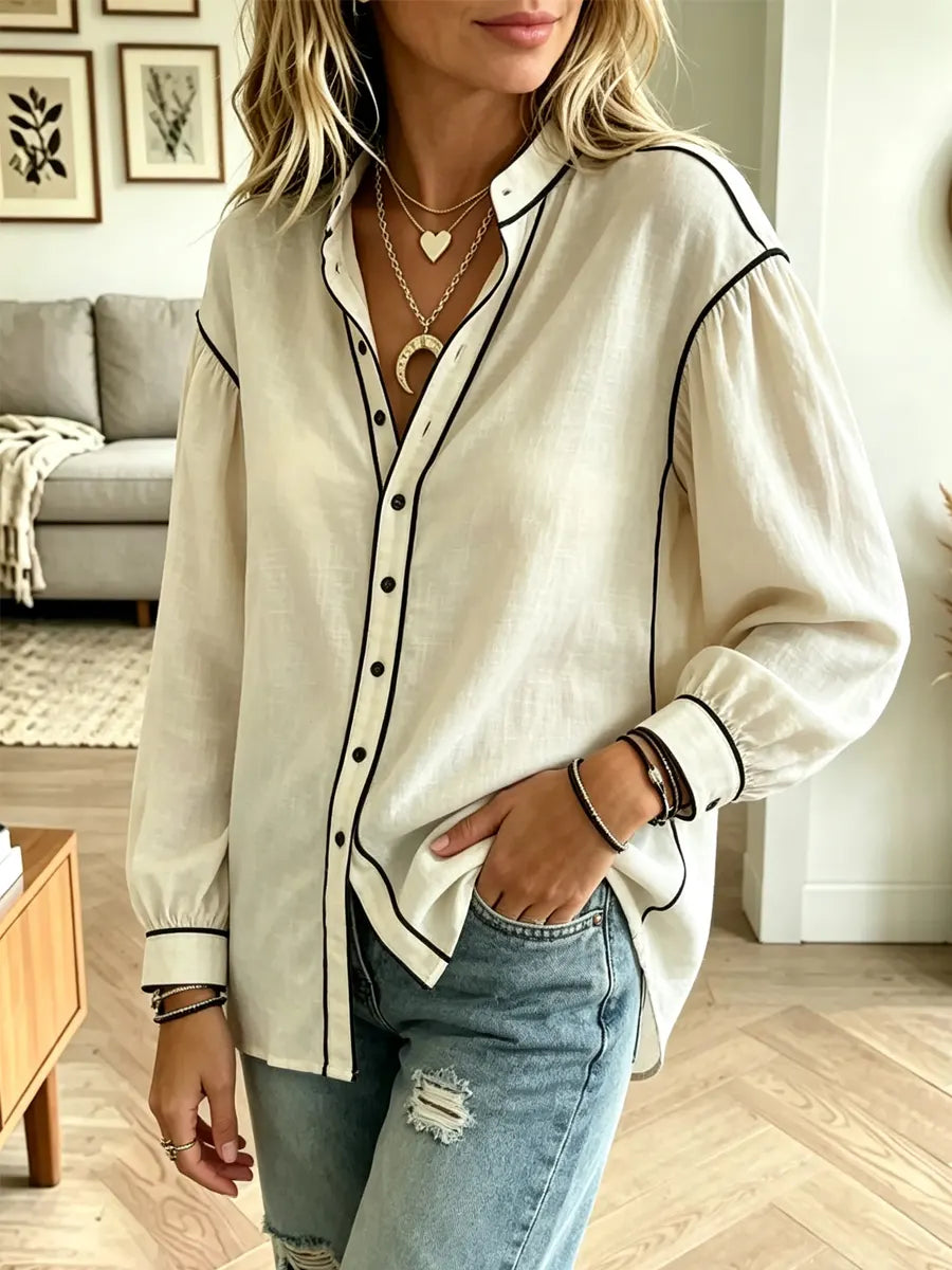 Retro Color Block Art Stand Collar Casual Long Sleeve Cotton Shirt