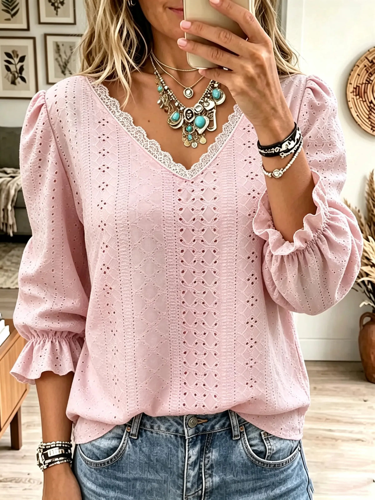 Women's Eyelet Lace Trim V-Neck Blouse