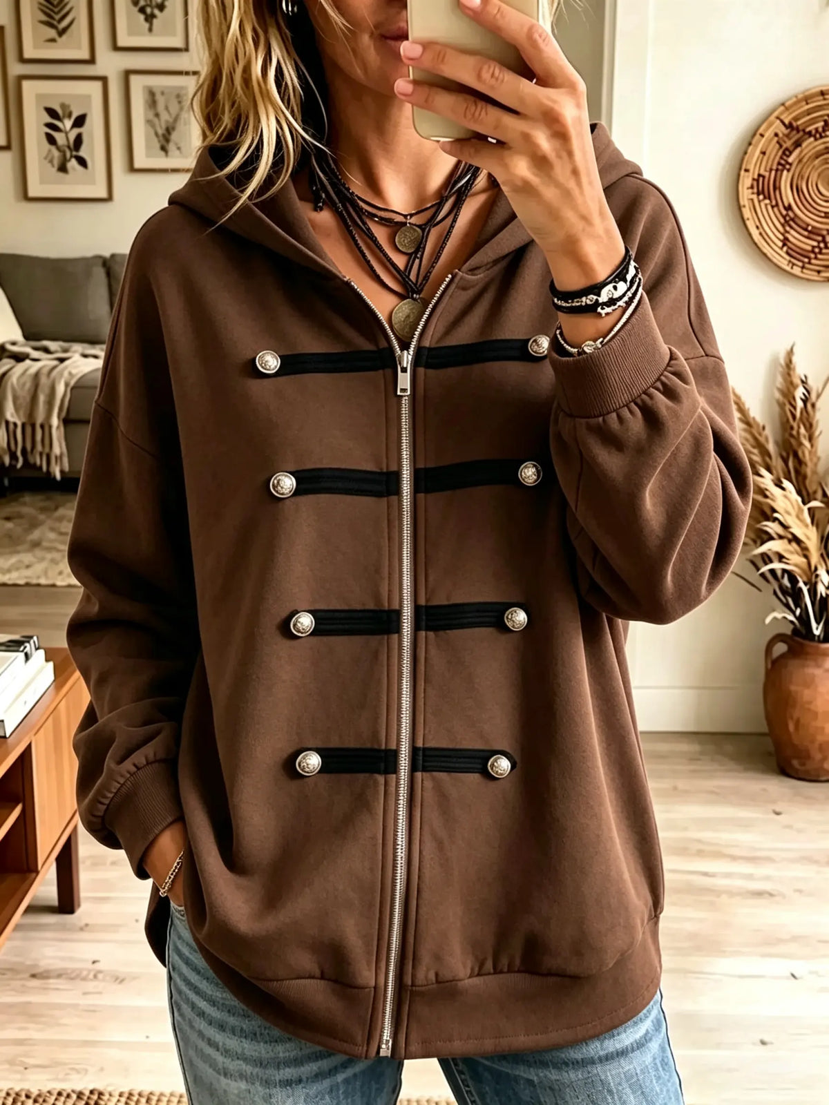 Women's Military Frog Button Zip-Up Hooded Sweatshirt