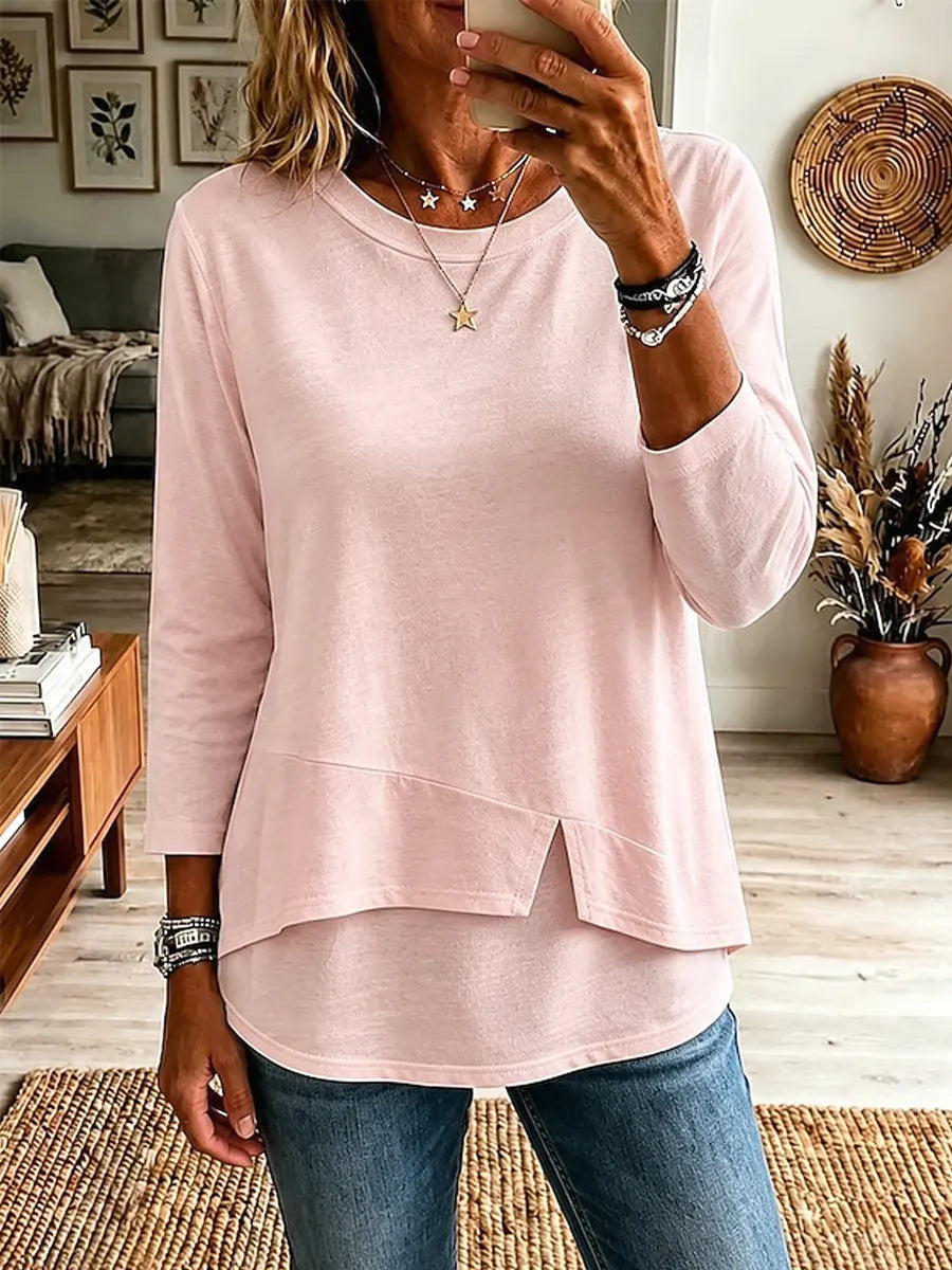 Solid Color Asymmetrical Hem Art Casual Stylish 3/4 Sleeve Cotton Shirt