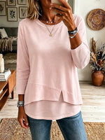 Solid Color Asymmetrical Hem Art Casual Stylish 3/4 Sleeve Cotton Shirt