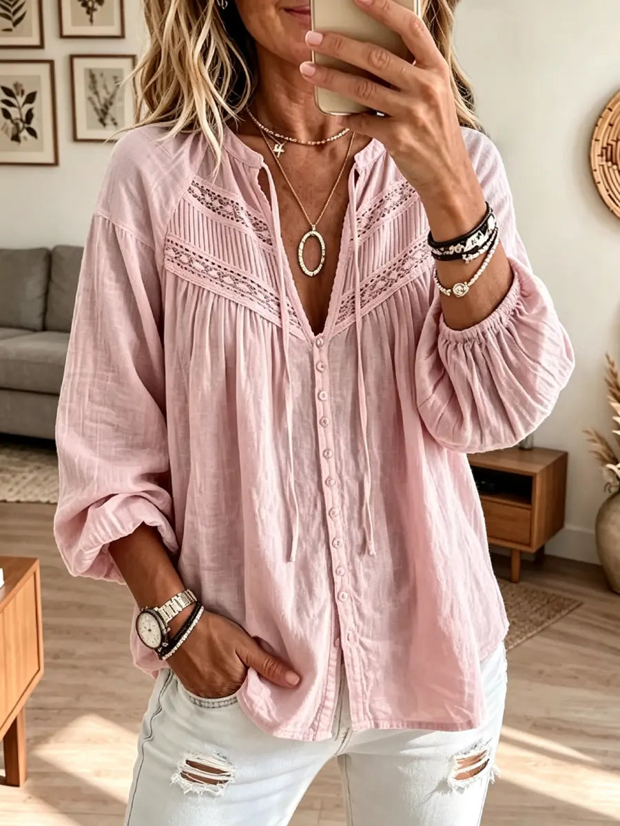 Retro Solid Color Art Casual Hollow Stylish Long Sleeve Cotton Linen Shirt