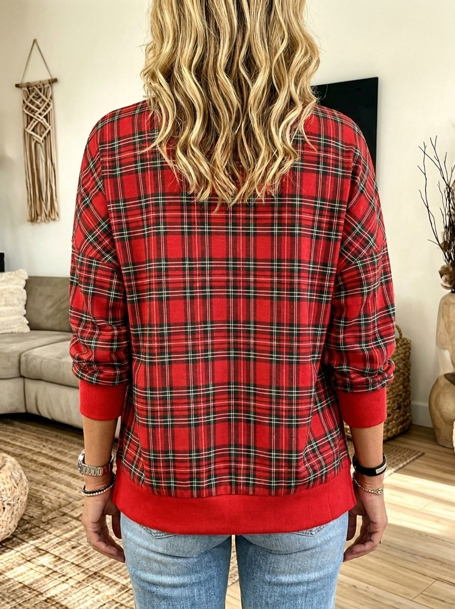Women Christmas Plaid Glitter Letter Side‑Slit Long Sleeve Sweatshirt