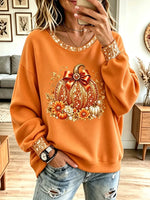 Vintage Pumpkin Pattern Shiny Art Casual Stylish Long Sleeve Sweatshirt