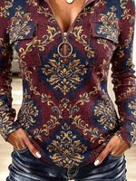 Vintage Floral Pattern Zip Art Casual Stylish Hooded Long Sleeve Top