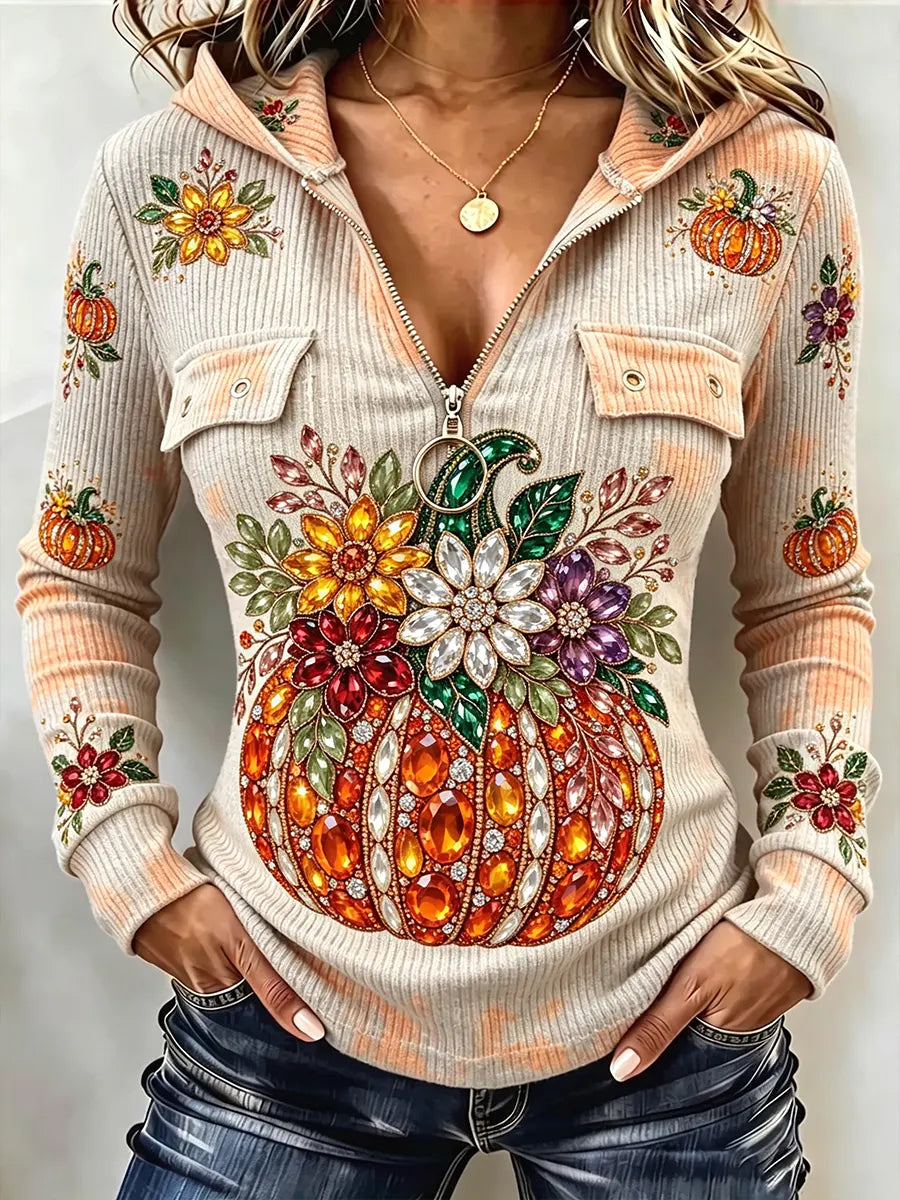 Women's Vintage Autumn Halloween Pumpkin Art Print Zip Hoodie Top