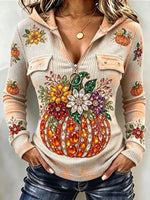 Women's Vintage Autumn Halloween Pumpkin Art Print Zip Hoodie Top