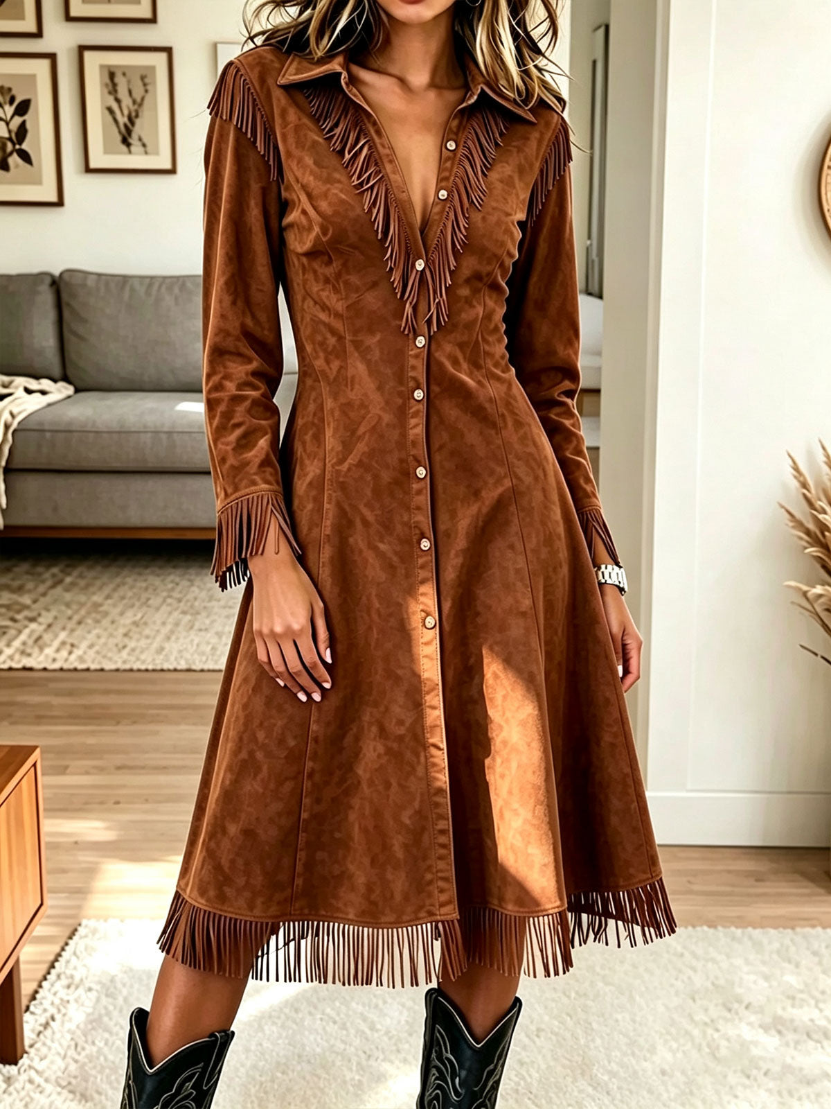 Women Western Faux Suede Fringe Long Sleeve Midi Shirt Dress