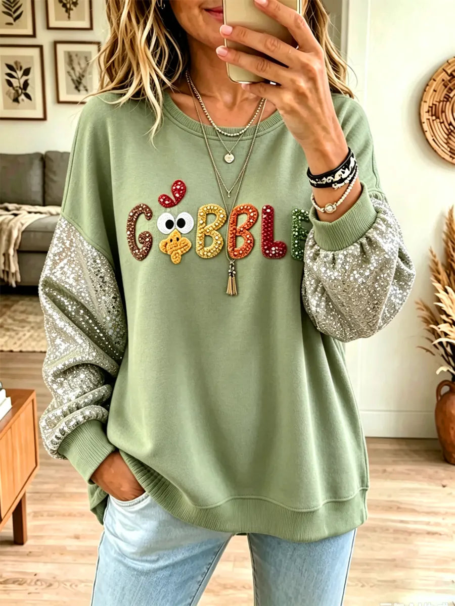 Retro Chicken Pattern Sequins Art Print Casual Long Sleeve Sweatshirt