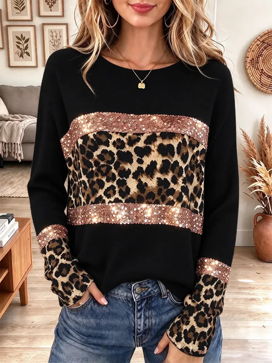 Retro Leopard Pattern Art Casual Stylish Long Sleeve Top