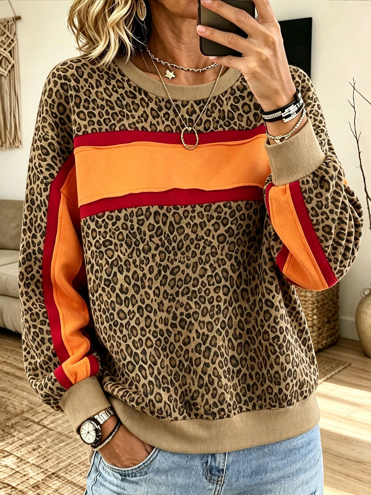 Women Leopard Print Color Block Long‑Sleeve Crew Neck Sweatshirt