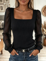 Women's Square Neck Sheer Organza Puff Sleeve Top
