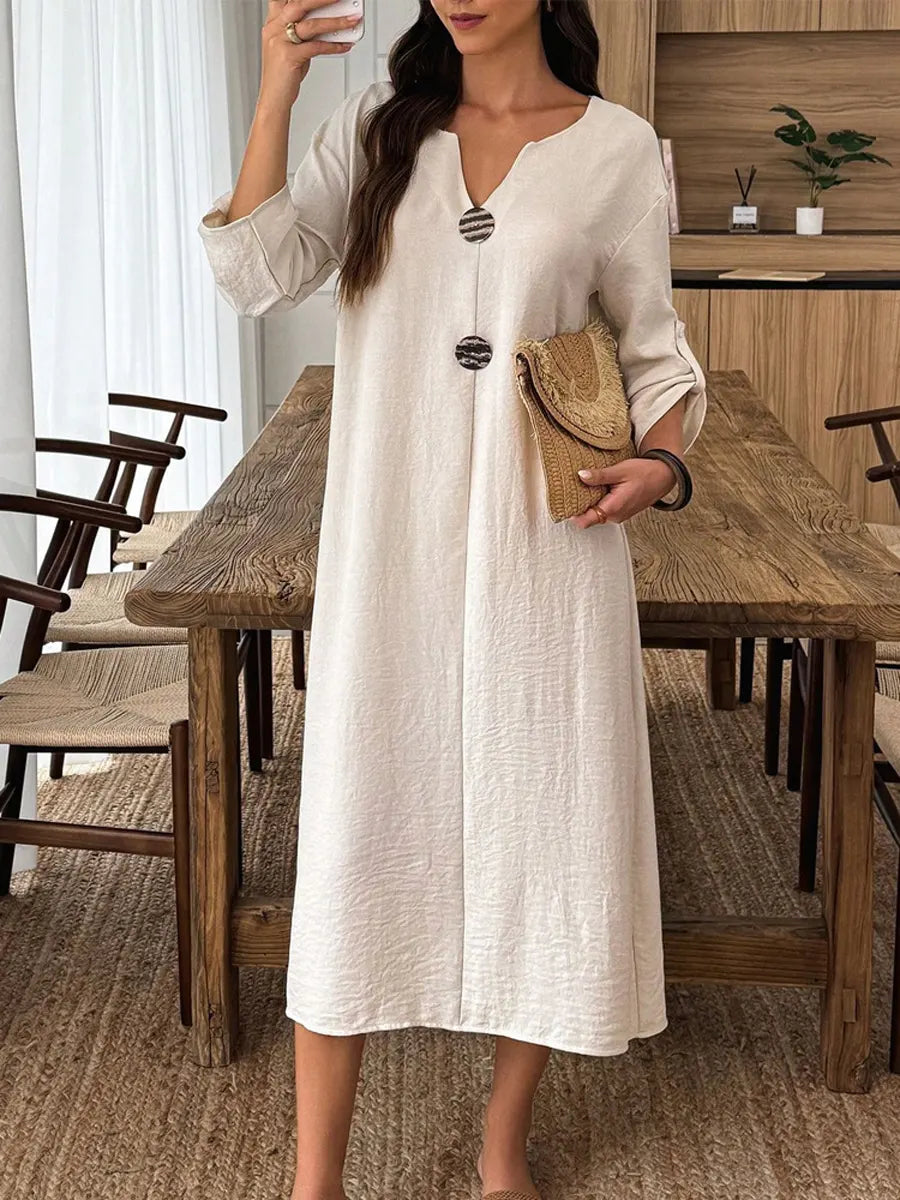 Retro V Collar Solid Color Art Casual Stylish 3/4 Sleeve Cotton Linen Dress