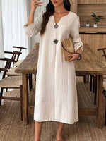 Retro V Collar Solid Color Art Casual Stylish 3/4 Sleeve Cotton Linen Dress