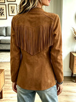 Retro Western Fringe Zip Art Casual Stylish Long Sleeve Suede Coat