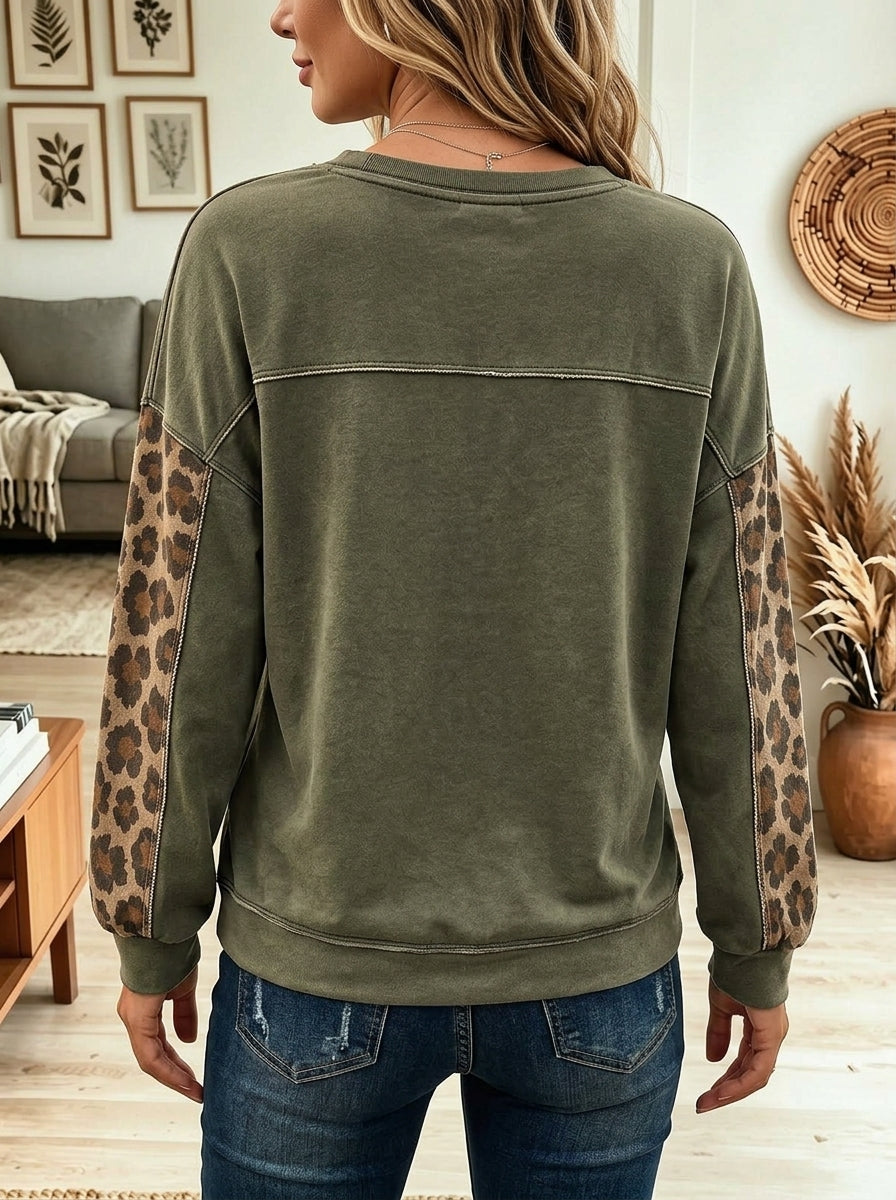 Women Olive Green Leopard Heart Patchwork Long Sleeve Sweatshirt