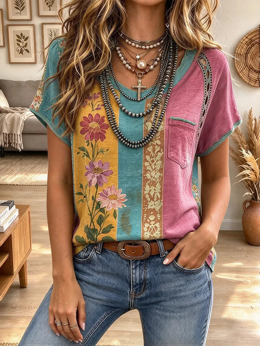Women's V Neck Color Block Floral Print T-Shirt