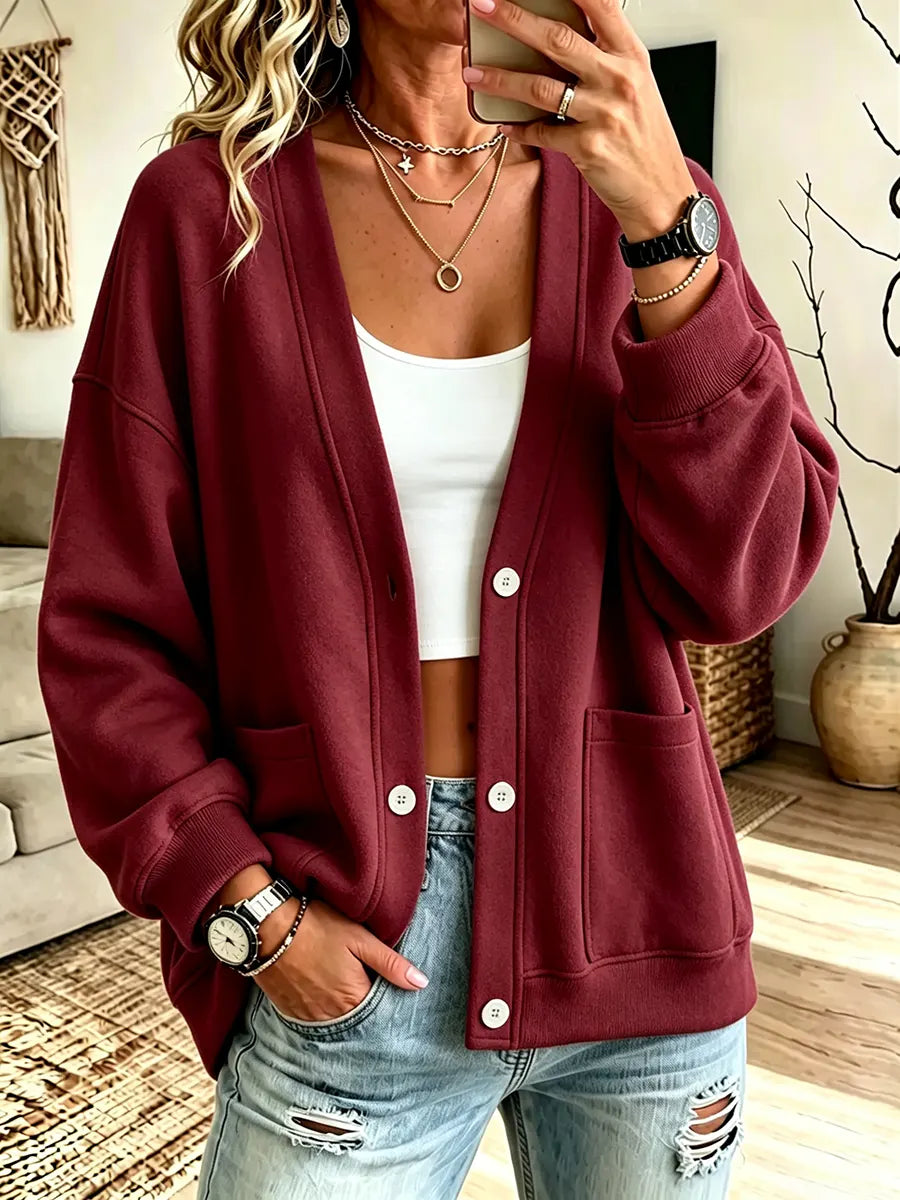 Women's Solid Color Casual Long-sleeve Button-up Cardigan Sweatshirt