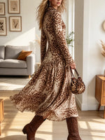 Vintage Chic Leopard Fringe Art Casual Stylish Long Sleeve Dress