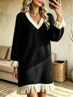Women's V-Neck Contrast Fringe Knit Sweater Dress