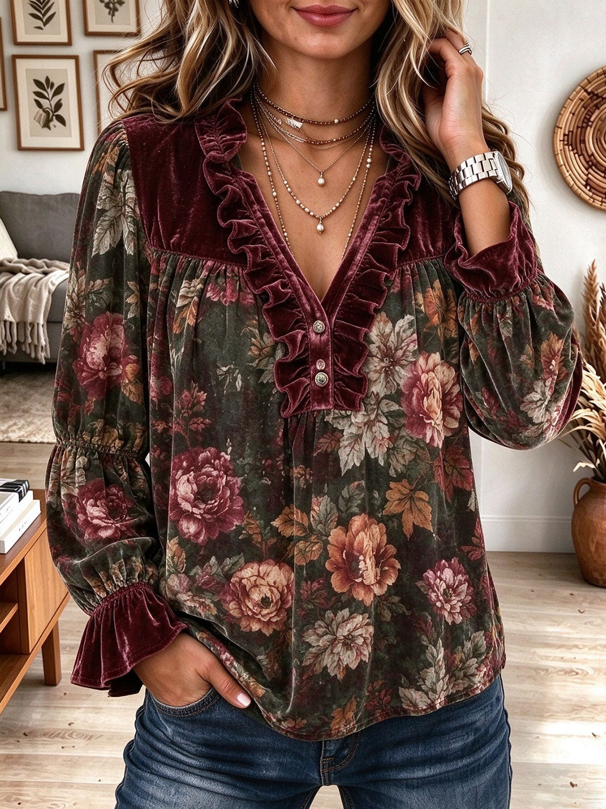 Women's Floral Print Velvet Blouse with Ruffled V-Neck and Long Sleeves