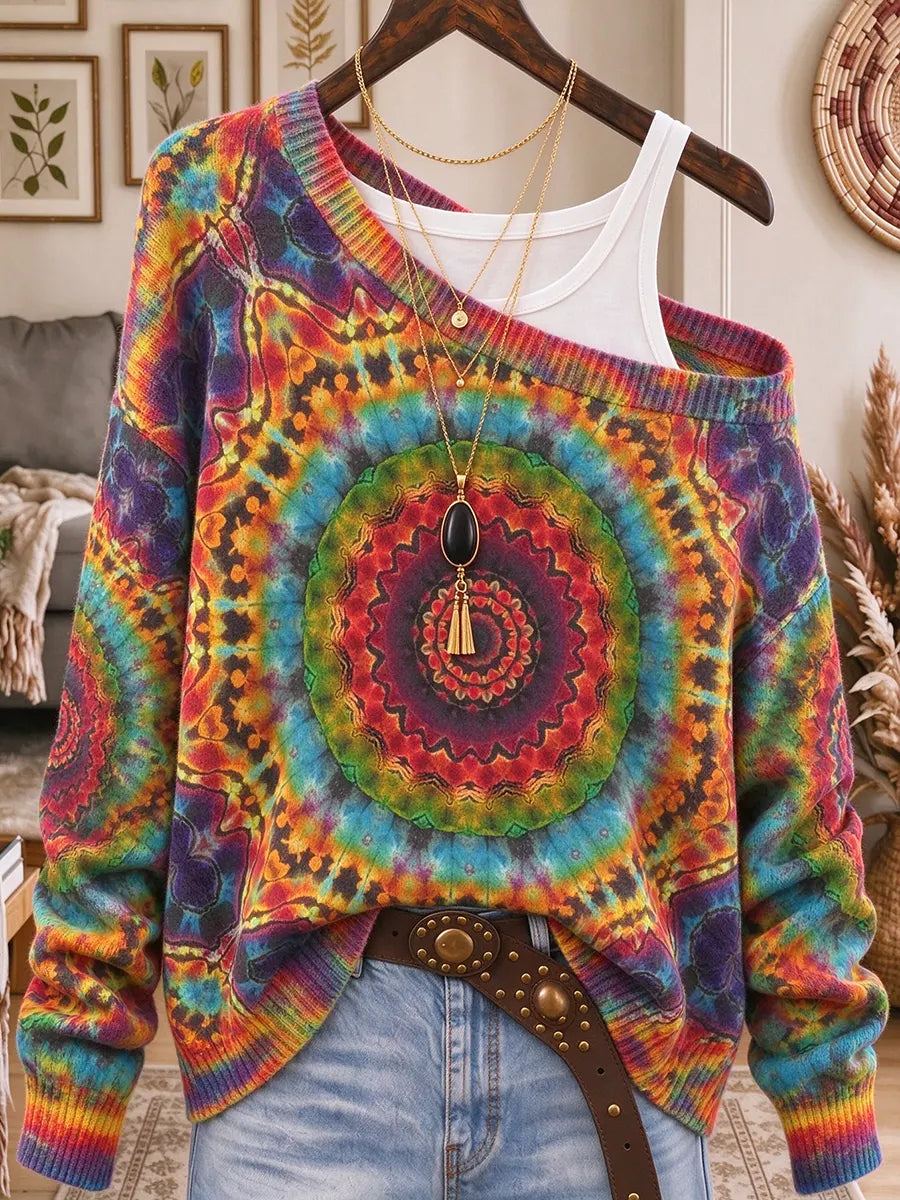 Women's Bohemian Art Print Off-shoulder Long-sleeve Loose Knit Pullover Sweater
